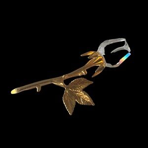 Elegant Crystal Rose with Gold Stem Brooch